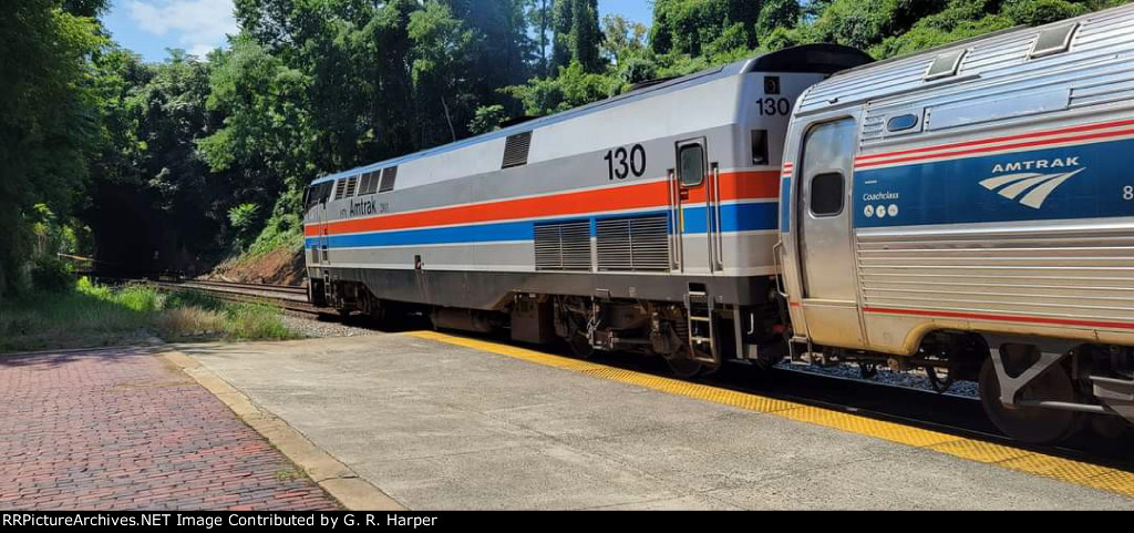 Heritage unit 130 during its station stop on recently-added Regional train 151 will soon pass through the Park Ave. tunnel on its way to Roanoke.